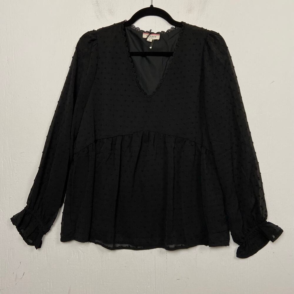 Andree Women's Black Swiss Dot Witchy Baby Doll Whimsigoth Blouse Top Medium NWT